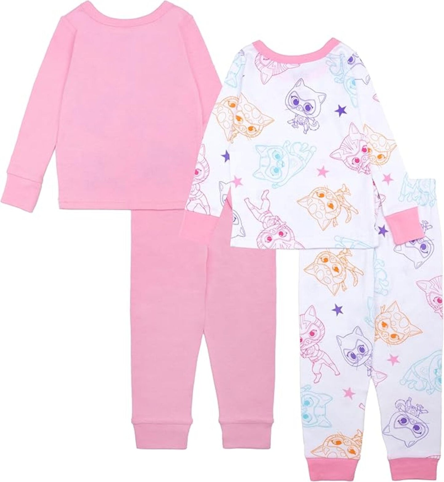 SuperKitties Girls 4-Piece Cotton Pajama Set, Ginny Buddy Bitsy and Sparks Graphic Tees and Matching Pants, Pink/White