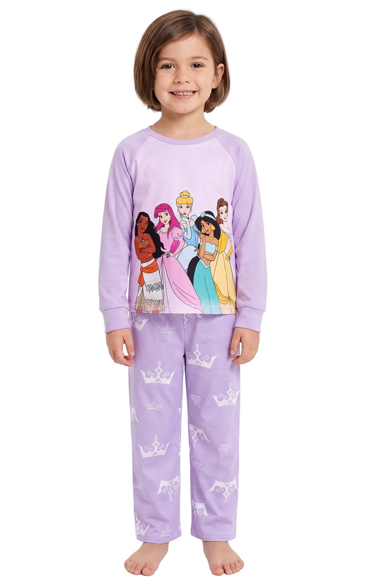 Disney Princess Girls 2-Piece Pajama Set, Long Sleeve Raglan Top with Moana Ariel Cinderella Jasmine and Belle, Purple