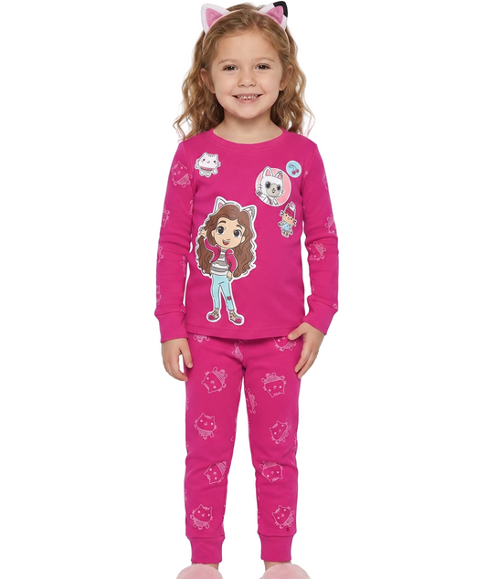 Gabby's Dollhouse Girls 2-Piece Cotton Pajama Set, Long Sleeve Gabby Pandy Paws and Cakey Graphic Top and Pants, Pink