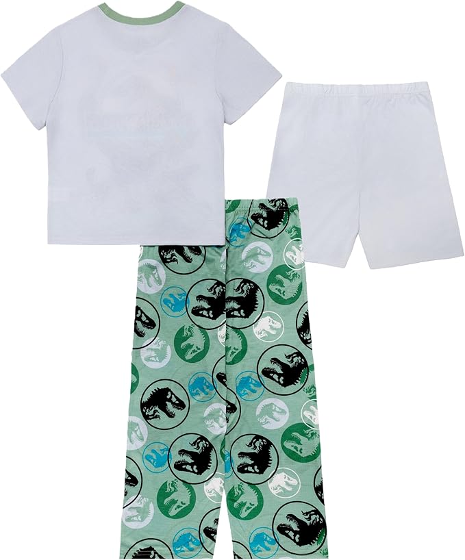 Jurassic World Boys 3-Piece Pajama Set, Short Sleeve T-Shirt, Shorts and Pants Sleepwear Pack, Green/White