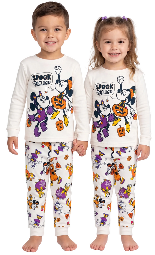 Disney Mickey and Friends Halloween Unisex 2-Piece Cotton Pajama Set, Long Sleeve "Spook-tacular" Graphic Top and Pants, White