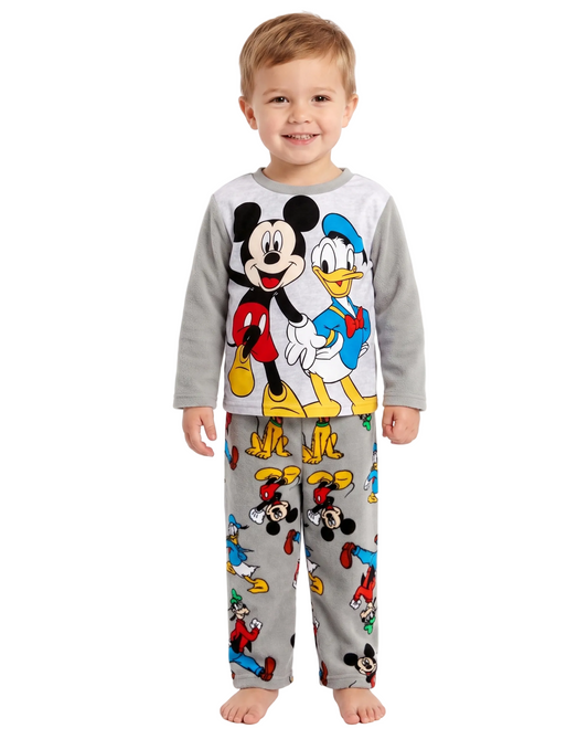 Disney Mickey and Friends Boys 2-Piece Fleece Pajama Set, Long Sleeve Mickey and Donald Graphic Raglan Top and Pants, Gray
