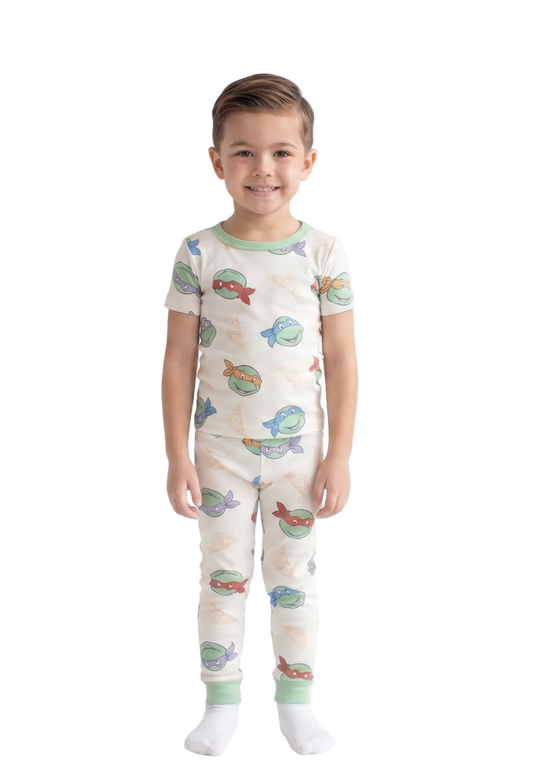Teenage Mutant Ninja Turtles Boys 2-Piece Cotton Pajama Set, Leonardo Michelangelo Raphael Donatello Pizza Print, White/Green