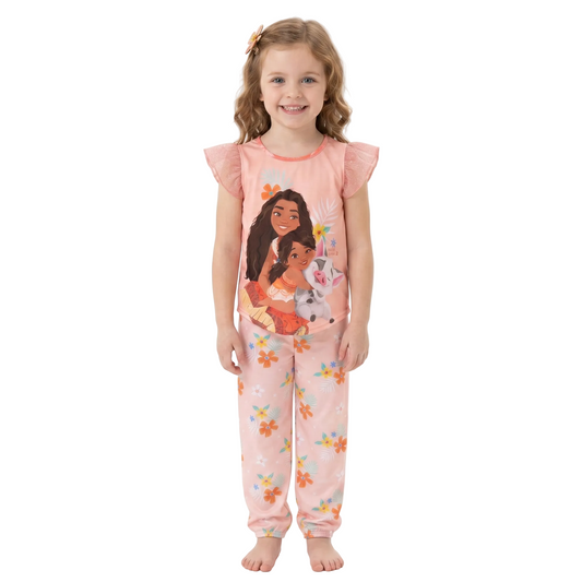 Disney Moana Girls 2-Piece Pajama Set, Short Sleeve Graphic Tee and Matching Tropical Print Pants, Teal and Coral