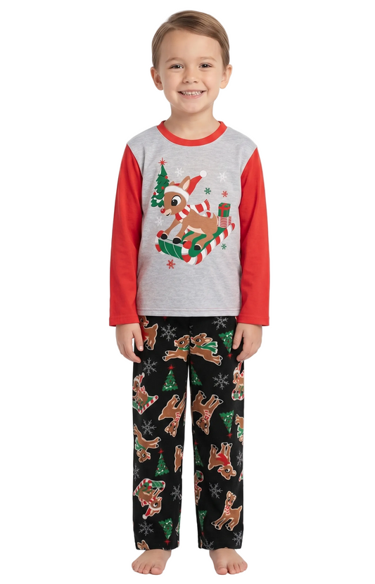 Rudolph the Red-Nosed Reindeer Boys 2-Piece Christmas Pajama Set, Long Sleeve Reindeer Sleigh Graphic Top and Fleece Pants, Gray/Red