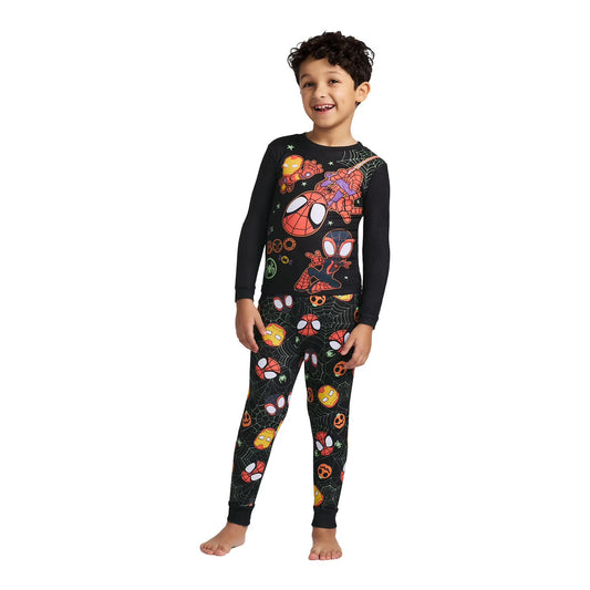 Marvel Spider-Man Halloween Boys 2-Piece Cotton Pajama Set, Spidey Ghost-Spider and Iron Man Graphic Top and Pants, Black