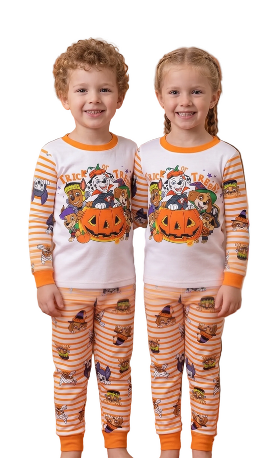 Paw Patrol Halloween Unisex 2-Piece Cotton Pajama Set, Long Sleeve "Trick or Treat" Pups Graphic Top and Striped Pants, Orange/White