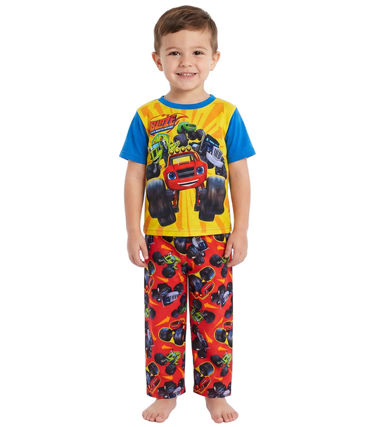 Blaze and the Monster Machines Boys 2-Piece Pajama Set, Short Sleeve Graphic Tee and Matching Allover Print Pants, Red/Yellow/Blue