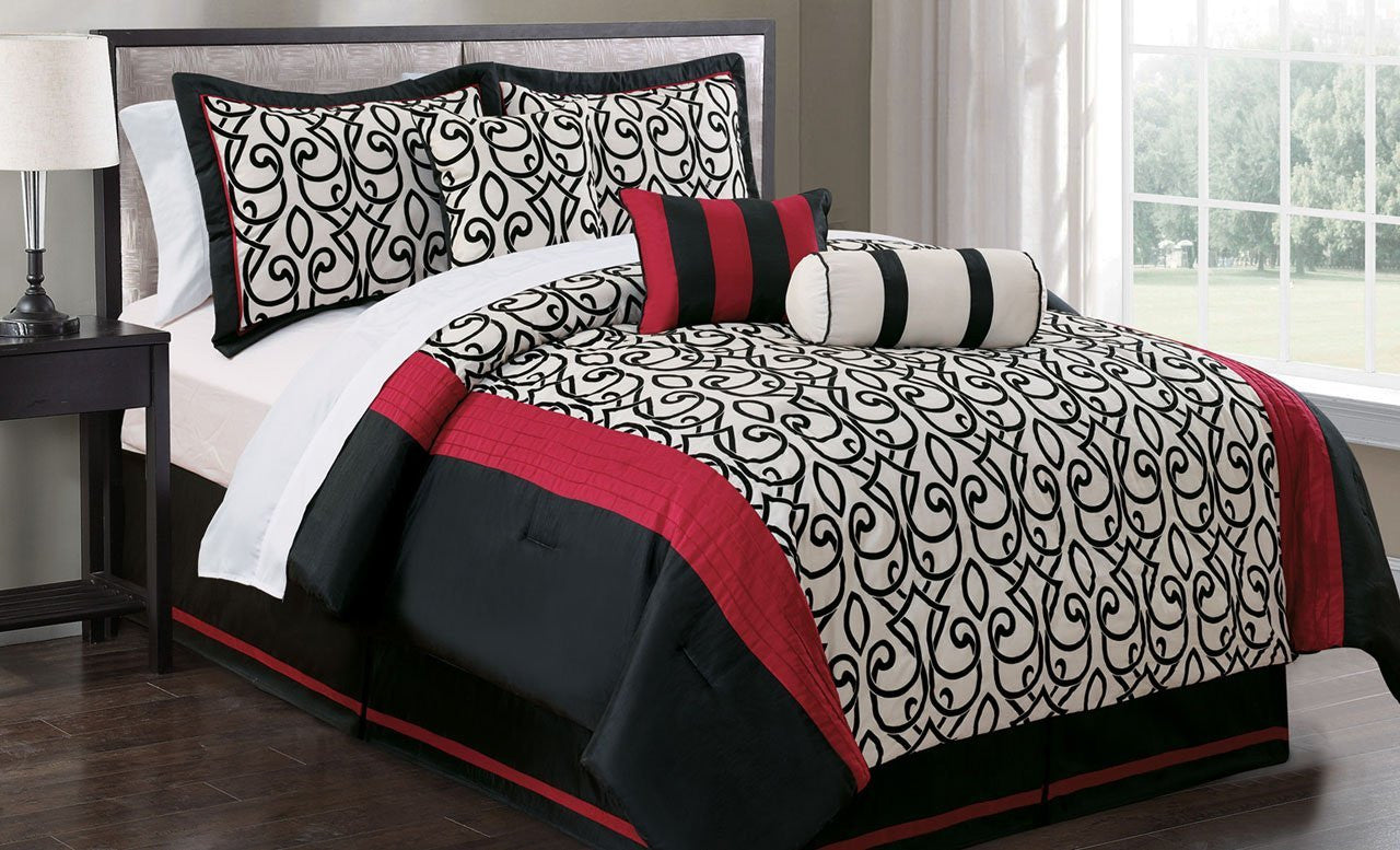 7 Piece Phoebe Black/Ivory/Red Comforter Set Cal King