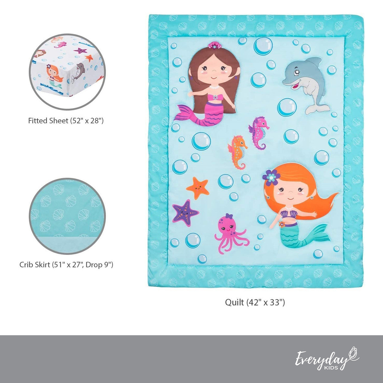 Everyday Kids 3 Piece Girls Crib Bedding Set - Mermaid Adventures