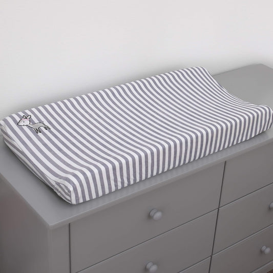 NoJo Little Love Woodland Deer Contoured Changing Pad Cover, Striped Plush Diaper Pad Cover with Embroidered Fawn, Grey and White