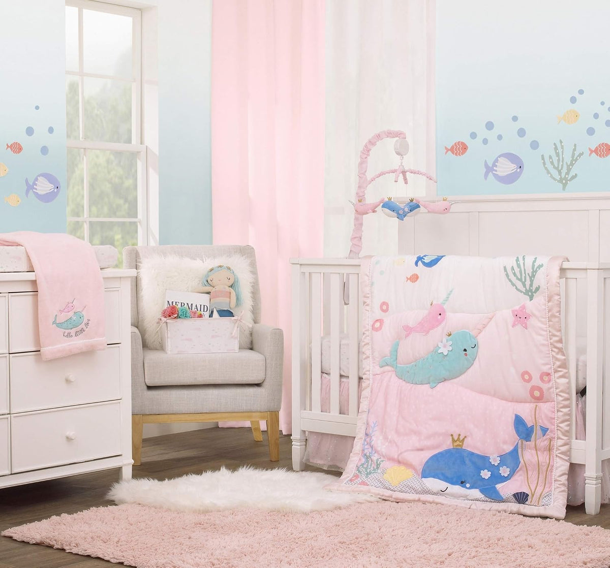 NoJo Under the Sea Narwhal Contoured Changing Pad Cover, Plush Center Panel Diaper Pad Cover, Soft Pink and White