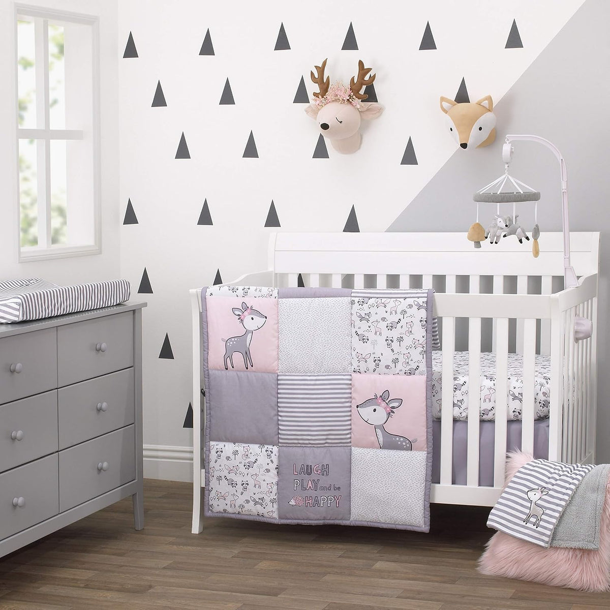 NoJo Little Love Woodland Deer Contoured Changing Pad Cover, Striped Plush Diaper Pad Cover with Embroidered Fawn, Grey and White