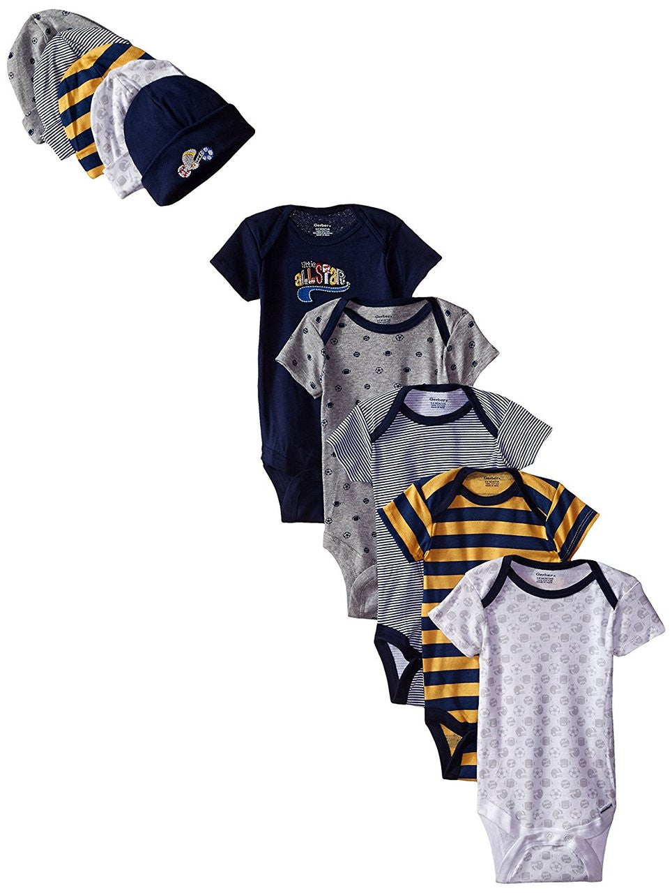 Gerber Boys Sports Onesies (3-6M) & Caps (0-6) Bundle Set
