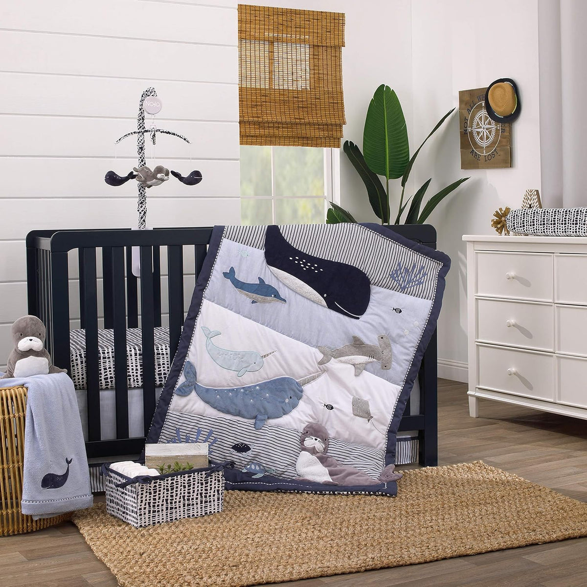 NoJo Ocean "Seas the Day" 100% Cotton Photo Op Fitted Crib Sheet, Whale, Narwhal & Seal Baby Bed Sheet, Navy, Slate Blue and White