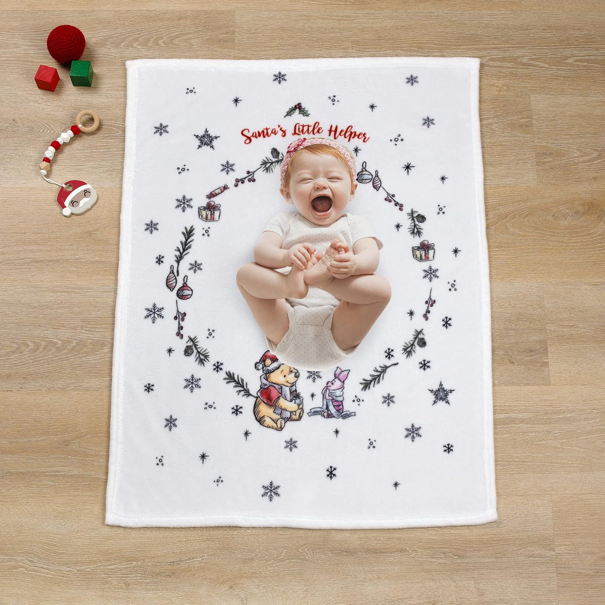 Disney Winnie the Pooh Holiday Baby Blanket, 30x40 "Santa's Little Helper" Milestone Fleece Blanket, White