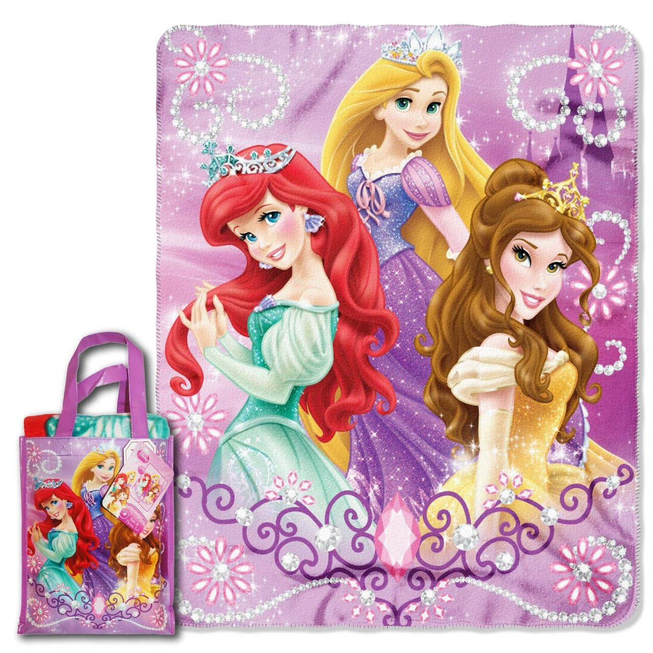 Disney "Princesses, Glitter and Glitter" Micro Raschel Throw and Reusable Tote Set, 40 by 50-Inch