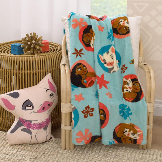 Disney Moana and Pua Super Soft Plush Toddler Blanket, 40x50 Tropical Fleece Stroller & Crib Blanket, Aqua and Coral