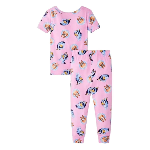 Bluey Toddler Girls 4-Piece Short Sleeve Pajama Set with Tops and Pants, Blue and Pink Character Print, Size 2T