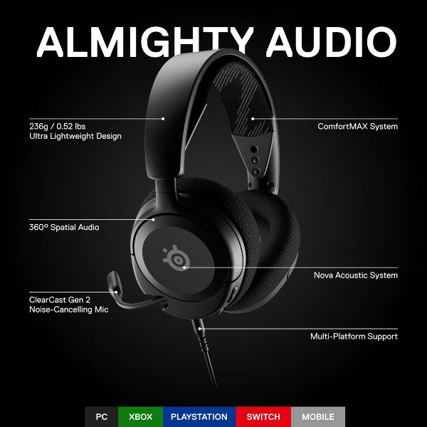 SteelSeries Arctis Nova 1 Multi-System Wired Gaming Headset, Over-Ear Headphones with ClearCast Gen 2 Mic for PC, PS5, Xbox & Switch, Black