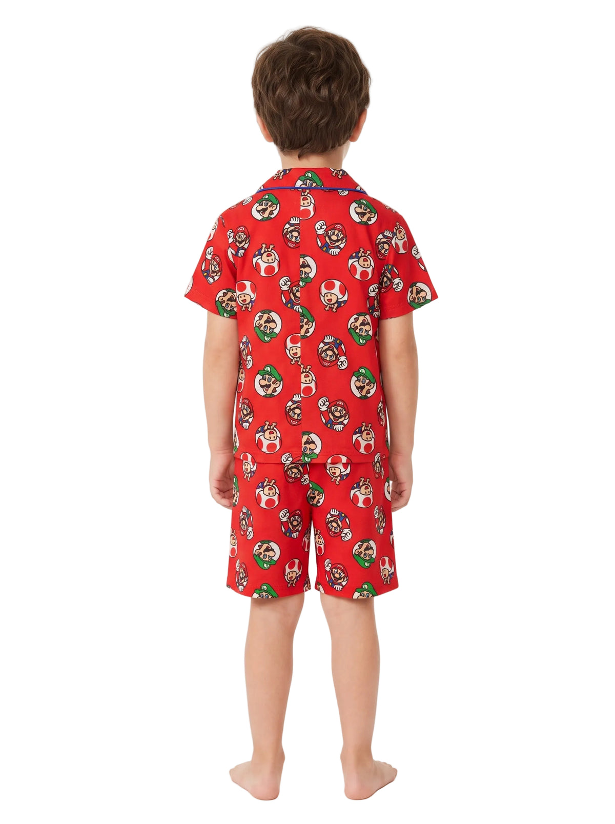 Super Mario Boys 2-Piece Short Sleeve Button-Front Pajama Set with Mario, Luigi and Toad Print, Red and Blue, Sizes 4-10