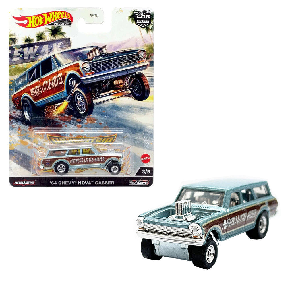 Hot Wheels Car Culture '64 Chevy Nova Gasser – Premium Diecast 1:64 Blue Drag Strip Demon