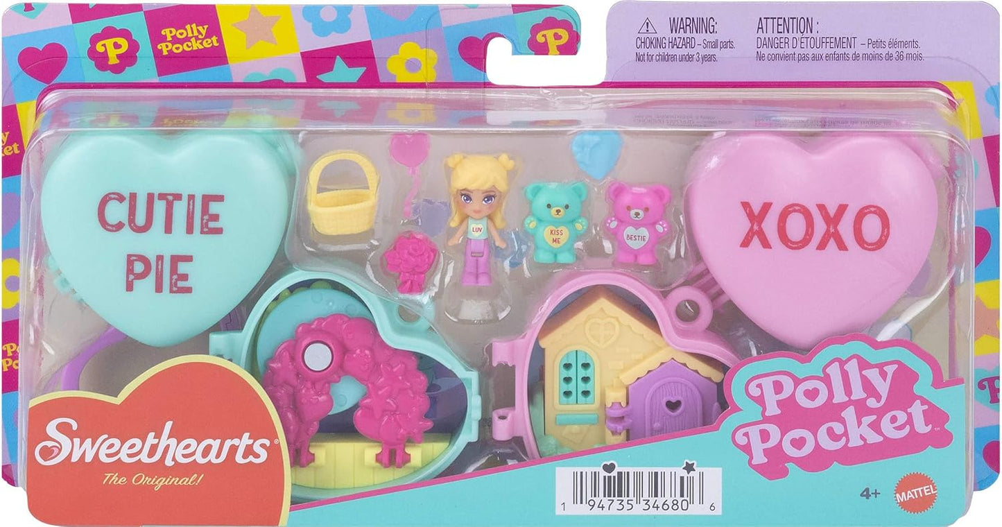 Polly Pocket x Sweethearts Micro Doll & 2 Playsets with 7 Themed Accessories & Keychain Clip, Travel Toy, Partnership Compact