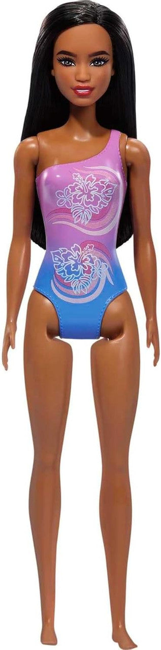 Beach Barbie Doll With Dark Brown Hair Wearing Tropical Purple Swimsuit