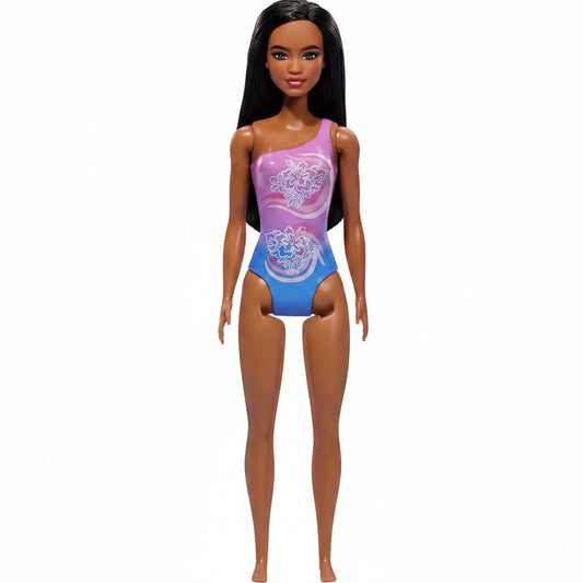 Beach Barbie Doll With Dark Brown Hair Wearing Tropical Purple Swimsuit