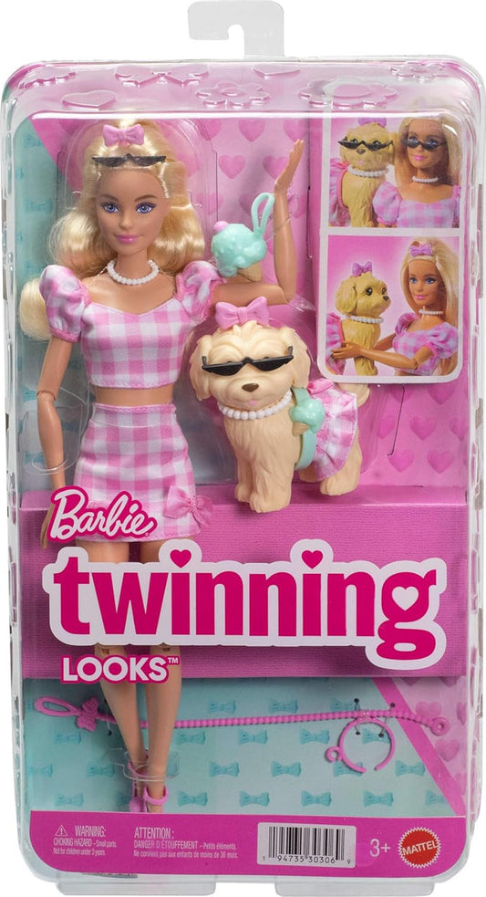 Barbie Twinning Looks Doll with Pet Dog in Matching Pink Gingham Clothes
