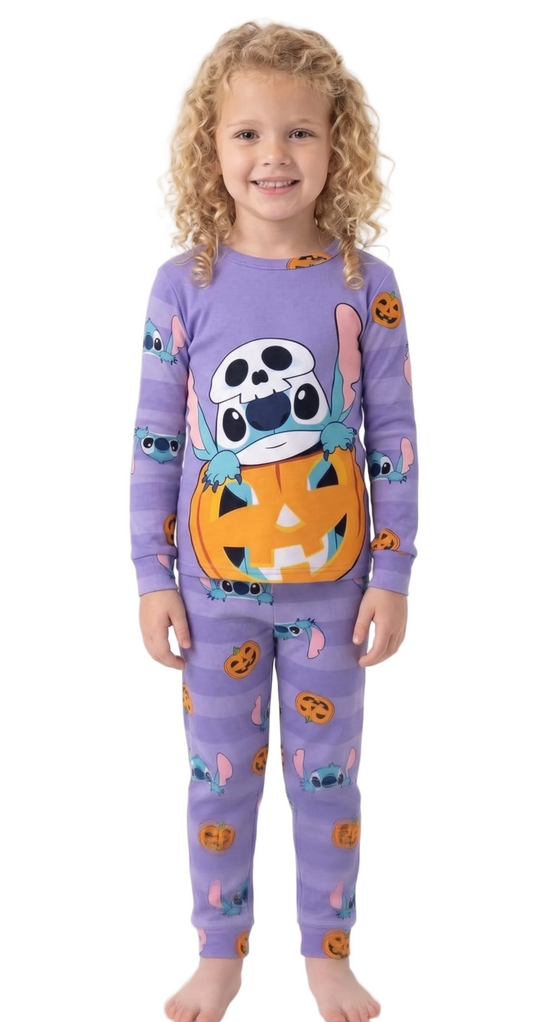Disney Stitch Halloween Girls 2-Piece Cotton Pajama Set, Long Sleeve Stitch Pumpkin Graphic Top and Striped Pants, Purple