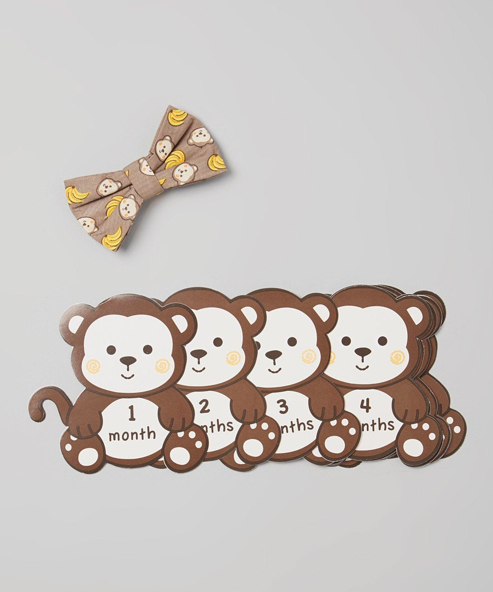 Lovespun 2-Piece Set Headband & 12 Month Milestone Stickers Monkey Baby Boy 1st Year