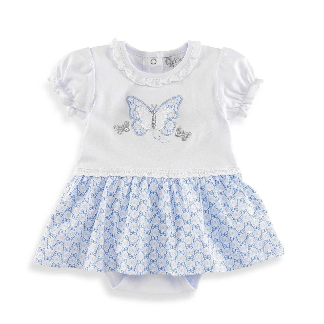 Quiltex Flutter Sleeve Butterfly Eyelet Romper in White/Blue (6-9 Months)