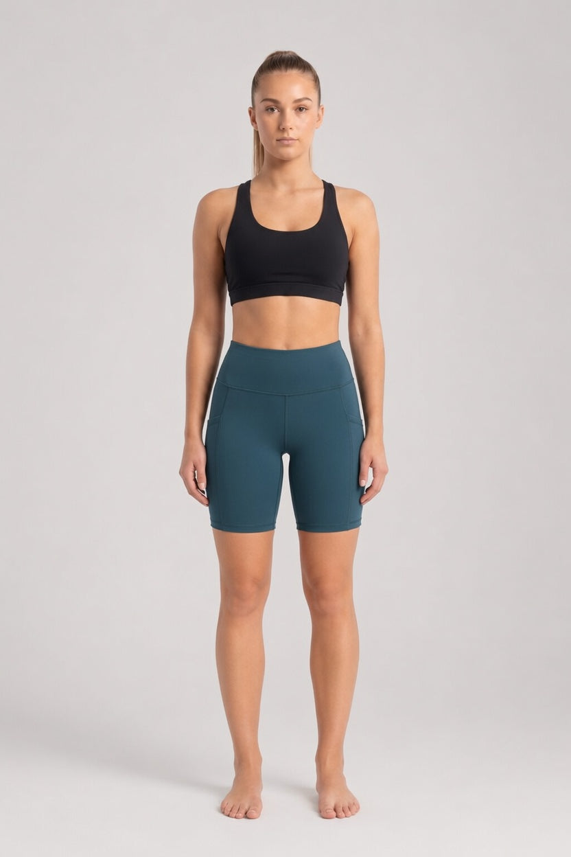 New York Laundry Women's 7-Inch High-Waisted Biker Shorts with Side Pockets, Teal / Dark Green