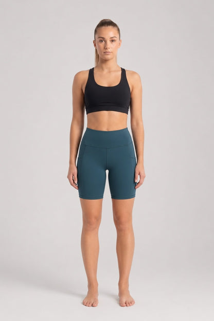 New York Laundry Women's 7-Inch High-Waisted Biker Shorts with Side Pockets, Teal / Dark Green