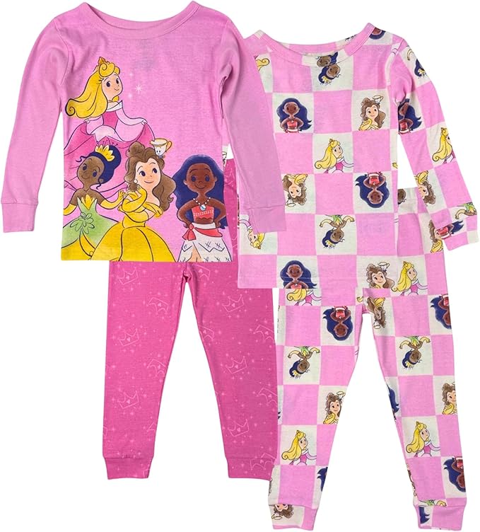 Disney Princess Girls 4-piece Snug-fit Cotton Pajama Set, Fairytale Pink