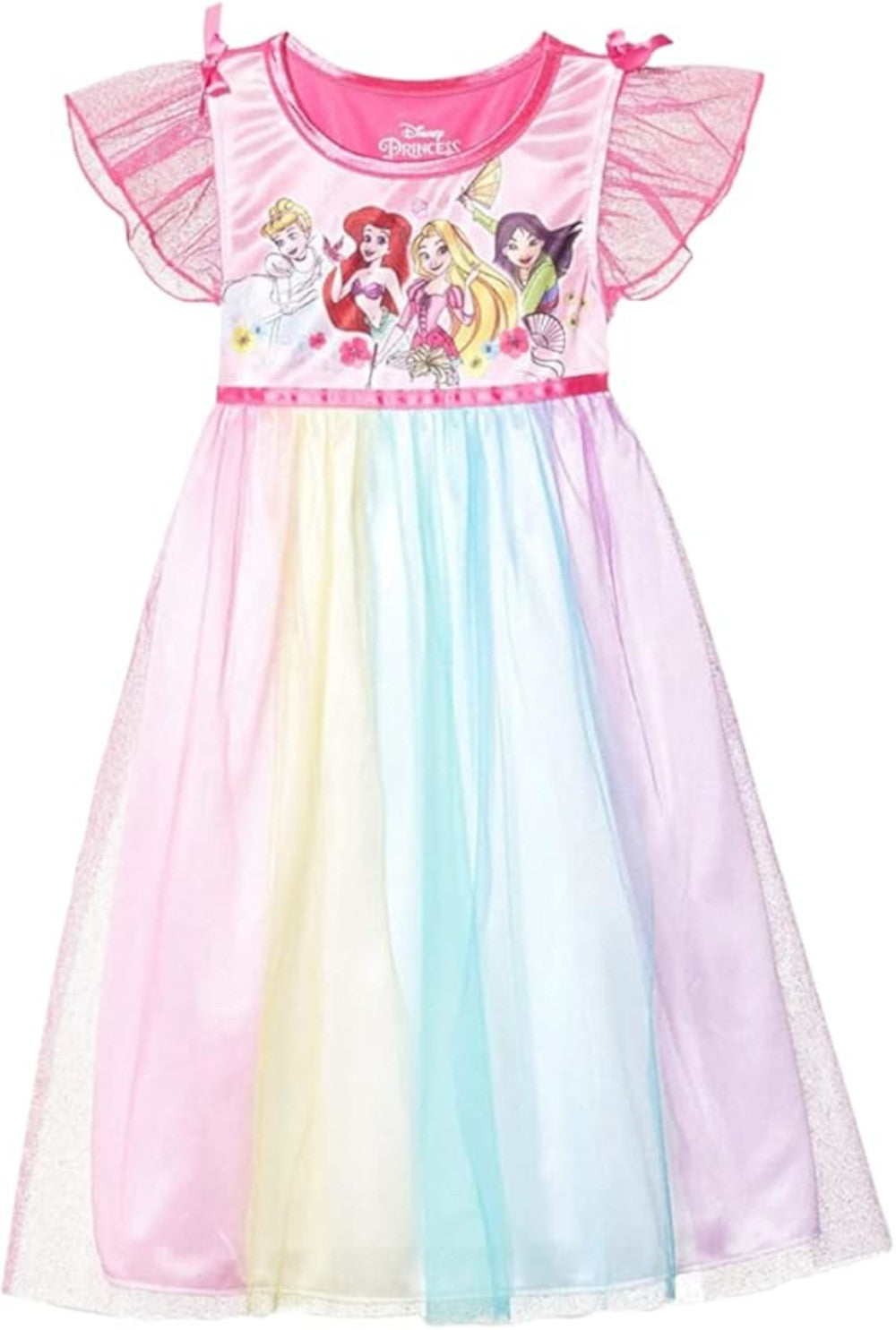 Disney Princess Girls Rainbow Nightgown Sleepwear with Tulle Overlay