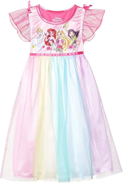 Disney Princess Girls Rainbow Nightgown Sleepwear with Tulle Overlay