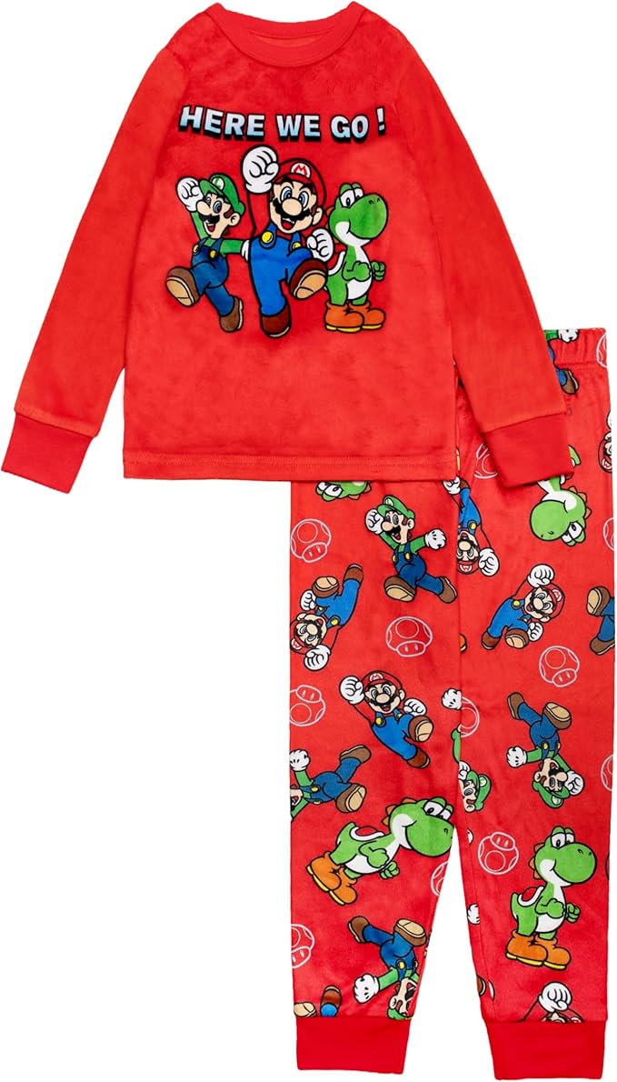 Super Mario Boys 2-Piece Fleece Pajama Set Featuring Mario, Luigi and Yoshi