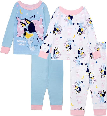 Bluey Girls 4pc Pajama Set, Long Sleeve Tops and Pants Sleepwear