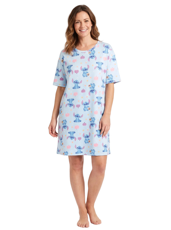 Disney Stitch Women's Nightgown Halloween Pumpkin Print Short Sleeve Sleep Shirt Dress Light Blue Sizes S to XL