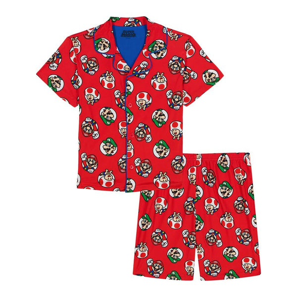 Super Mario Boys 2-Piece Short Sleeve Button-Front Pajama Set with Mario, Luigi and Toad Print, Red and Blue, 