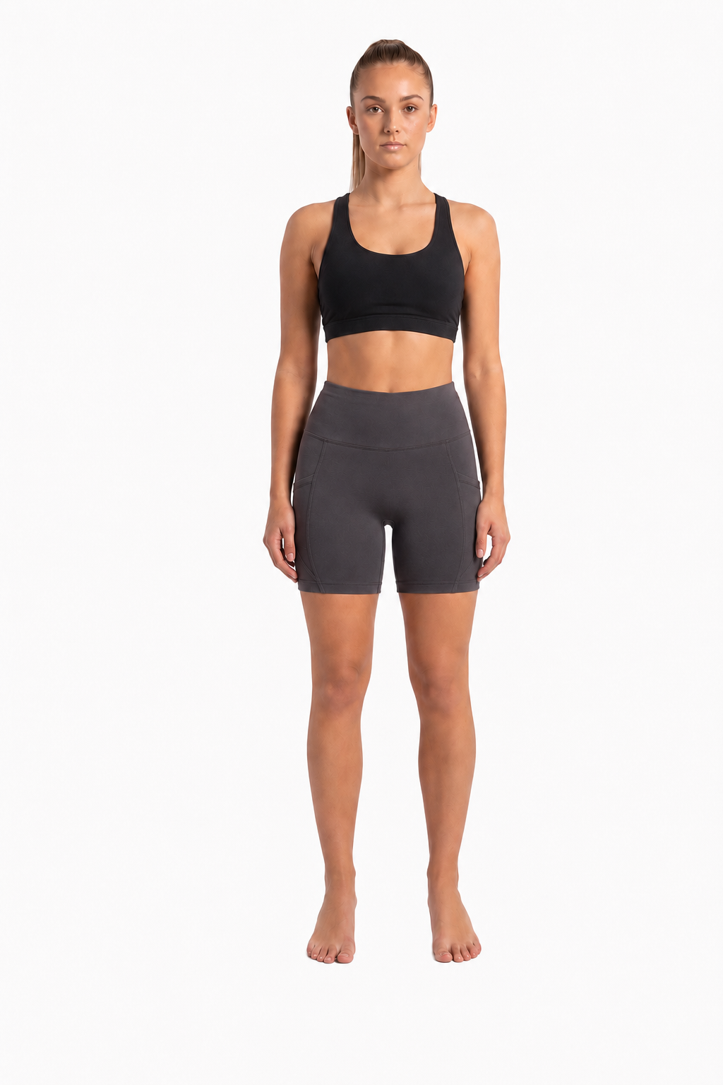 New York Laundry Women's 7-Inch High-Waisted Biker Shorts with Side Pockets, Charcoal Grey