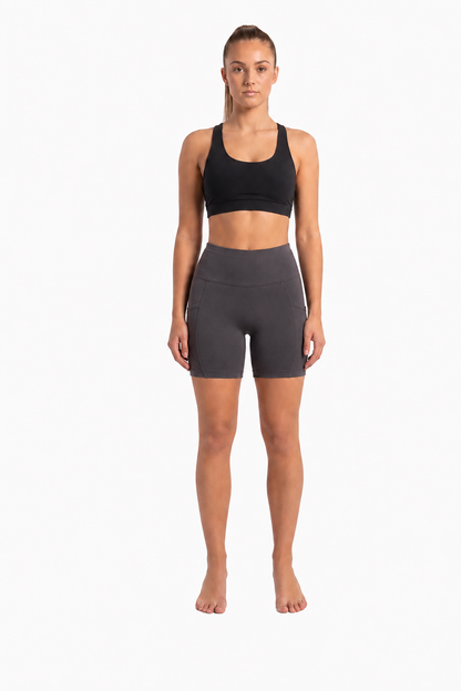 New York Laundry Women's 7-Inch High-Waisted Biker Shorts with Side Pockets, Charcoal Grey