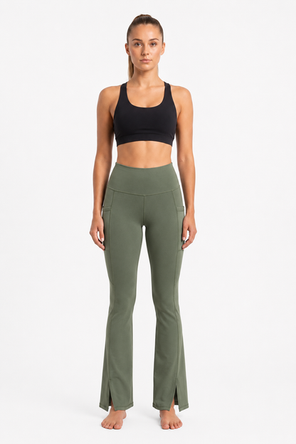 New York Laundry Women's High-Waisted Flare Yoga Pants with Side Pockets and Hem Slits, Olive Green