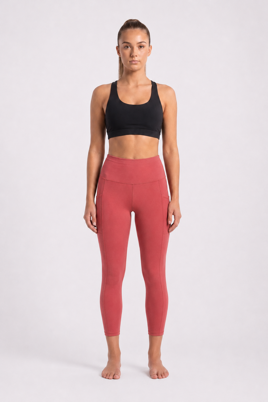 New York Laundry Women's 7/8 High-Waisted Leggings with Side Pockets, Coral Pink / Dusty Rose