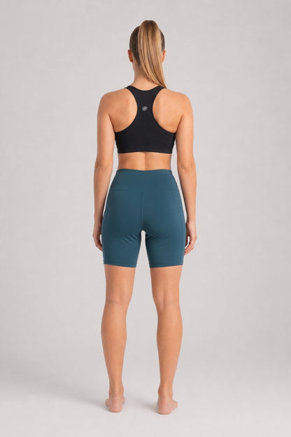 New York Laundry Women's 7-Inch High-Waisted Biker Shorts with Side Pockets, Teal / Dark Green