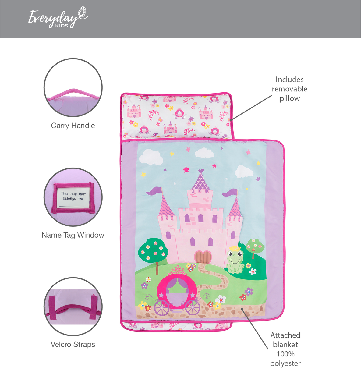 Everyday Kids Toddler Nap Mat with Pillow-Princess Storyland