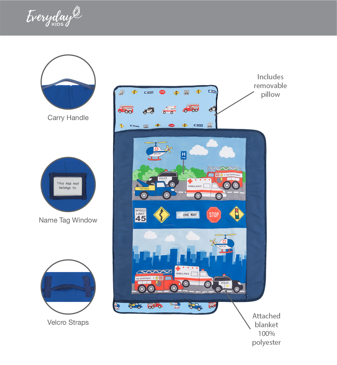 Everyday Kids Toddler Nap Mat with Removable Pillow - Fire Police Rescue