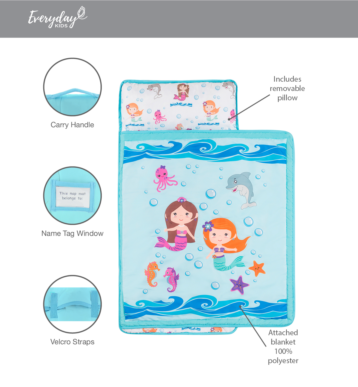 Everyday Kids Toddler Nap Mat with Pillow - Underwater Mermaids